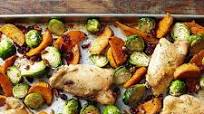 Maple-Roasted Chicken Thighs with Sweet Potato Wedges and Brussels Sprouts Maple-Roasted Chicken Thighs with Sweet Potato Wedges and Brussels Sprouts