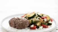 Beef Gyro Meatloaf with Tzatziki Sauce with zucchini and grape tomatoes