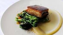 Pork belly with apple purée and sprouting broccoli Pork belly with apple purée and sprouting broccoli
