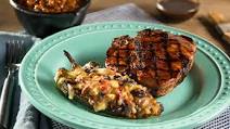 Grilled Pork Porterhouses with Asian Seasonings and Chinatown Barbecue Sauce and Chiles Rellenos Grilled Pork Porterhouses with Asian Seasonings and Chinatown Barbecue Sauce and Chiles Rellenos