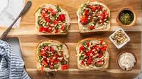 Hummus Toasts with Roasted Red Peppers & Basil Pesto Hummus Toasts with Roasted Red Peppers & Basil Pesto