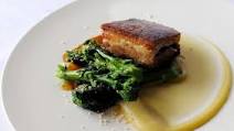 Pork belly with apple purée and sprouting broccoli Pork belly with apple purée and sprouting broccoli