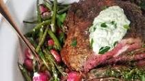 Boneless Leg of Lamb Recipe with Herby Yogurt Sauce Served with a Blistered Green Bean and Radish Salad with Goat Cheese Boneless Leg of Lamb Recipe with Herby Yogurt Sauce Served with a Blistered Green Bean and Radish Salad with Goat Cheese