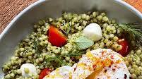 Caprese Pesto Couscous with Poached Eggs Caprese Pesto Couscous with Poached Eggs