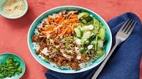 Beef Bulgogi Bowls with Carrots, Pickled Cucumber & Sriracha Crema over Jasmine Rice Beef Bulgogi Bowls with Carrots, Pickled Cucumber & Sriracha Crema over Jasmine Rice