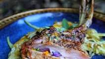 Berkshire Tomahawk Pork Chops over a Sauteed Apple-Fennel Salad with Hard Cider Pan Sauce Berkshire Tomahawk Pork Chops over a Sauteed Apple-Fennel Salad with Hard Cider Pan Sauce