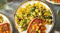 Pork Chops & Peach Sauce with Corn & Summer Squash Succotash Pork Chops & Peach Sauce with Corn & Summer Squash Succotash