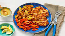 Pork Schnitzel with Roasted Veggies and a Creamy Mustard Dipper Pork Schnitzel with Roasted Veggies and a Creamy Mustard Dipper