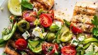 Grilled Salmon with Marinated Zucchini Greek Salad Grilled Salmon with Marinated Zucchini Greek Salad