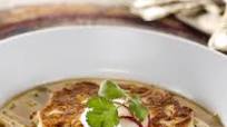 Roasted Poblano Chicken Posole with Floating Corn Cake Islands Roasted Poblano Chicken Posole with Floating Corn Cake Islands
