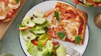 Three-Cheese Focaccia Pizzas with Marinated Cucumber & Bell Pepper Salad Three-Cheese Focaccia Pizzas with Marinated Cucumber & Bell Pepper Salad
