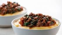 Beef Bolognese and Parmesan Polenta with Spinach ready in 15 minutes Beef Bolognese and Parmesan Polenta with Spinach ready in 15 minutes