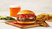 Bellissimo Bruschetta Burgers with Herby Potato Wedges & Parmesan-Roasted Asparagus Bellissimo Bruschetta Burgers with Herby Potato Wedges & Parmesan-Roasted Asparagus
