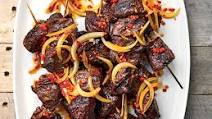 Pulehu Steak Tip Skewers with Maui Onion Finadene Sauce Pulehu Steak Tip Skewers with Maui Onion Finadene Sauce