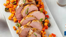 Garlic Dijon Pork Tenderloin with Roasted Sweet Potato and Pepper Jumble Garlic Dijon Pork Tenderloin with Roasted Sweet Potato and Pepper Jumble