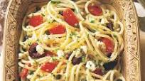 Spaghetti with Tomatoes, Black Olives, Garlic, and Feta Cheese Spaghetti with Tomatoes, Black Olives, Garlic, and Feta Cheese