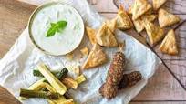 Greek Gyro Skewers with Roasted Zucchini, Baked Pita Chips, and Cucumber Tzatziki Greek Gyro Skewers with Roasted Zucchini, Baked Pita Chips, and Cucumber Tzatziki