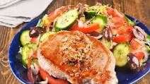 Pork Chop Santorini with Sweety Drop-Kalamata Butter and cucumber salad Pork Chop Santorini with Sweety Drop-Kalamata Butter and cucumber salad
