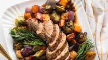 Balsamic Pork Tenderloin with Roasted Brussels Sprouts, Butternut, & Apples Balsamic Pork Tenderloin with Roasted Brussels Sprouts, Butternut, & Apples