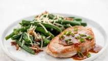 Pork Chop and Sweet Onion Demi with Cheesy Bacon Green Beans stovetop cooking Pork Chop and Sweet Onion Demi with Cheesy Bacon Green Beans stovetop cooking