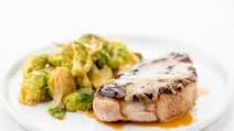 Apple Butter and White Cheddar Boneless Pork Chop with Cider Glaze with roasted shallot Brussels sprouts Apple Butter and White Cheddar Boneless Pork Chop with Cider Glaze with roasted shallot Brussels sprouts