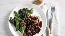 Peppered steak with balsamic mushroom sauce & steamed greens Peppered steak with balsamic mushroom sauce & steamed greens