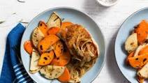 Pork with caramelized onion and rosemary-roasted root vegetables Pork with caramelized onion and rosemary-roasted root vegetables