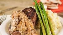 Salisbury Steak with whipped potatoes, asparagus, and sherry-mushroom gravy Salisbury Steak with whipped potatoes, asparagus, and sherry-mushroom gravy