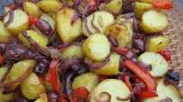 Potato, red onion, pepper and olive bake with cumin and chili flakes Potato, red onion, pepper and olive bake with cumin and chili flakes
