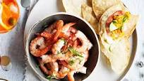 Prawn tostadas with corn relish and chipotle crème fraîche Prawn tostadas with corn relish and chipotle crème fraîche