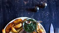 Crispy Pork Belly Ribs with Green Sauce and Honey Roasted Potatoes Crispy Pork Belly Ribs with Green Sauce and Honey Roasted Potatoes