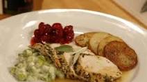 Herbed Turkey Breast in Gravy with Creamed English Peas and Cranberry Compote Herbed Turkey Breast in Gravy with Creamed English Peas and Cranberry Compote