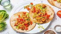 Mexican Prawn Tostadas with Lettuce & Carrot Salad and Balsamic Tomato Mexican Prawn Tostadas with Lettuce & Carrot Salad and Balsamic Tomato
