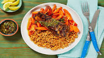 Chimichurri Barramundi with Lemony Carrots & Garlic Couscous Chimichurri Barramundi with Lemony Carrots & Garlic Couscous