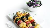 Vegetable and haloumi kebabs with tzatziki coleslaw Vegetable and haloumi kebabs with tzatziki coleslaw