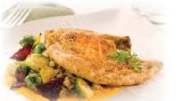 Pan-seared Pheasant with roasted Brussels Sprouts, Barley, Candied Beets, and Beer-Carrot Emulsion Pan-seared Pheasant with roasted Brussels Sprouts, Barley, Candied Beets, and Beer-Carrot Emulsion