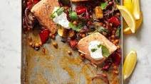 Roasted salmon with chickpeas, zucchini, and red pepper Roasted salmon with chickpeas, zucchini, and red pepper