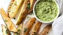 Baked Potato Wedges with Pesto Hummus Baked Potato Wedges with Pesto Hummus
