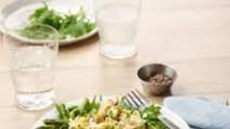 Chicken Curry Salad on Asparagus, Edamame, and Greens Chicken Curry Salad on Asparagus, Edamame, and Greens