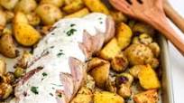 Sheet Pan Pork Tenderloin and Veggies with Creamy Mustard Sauce Sheet Pan Pork Tenderloin and Veggies with Creamy Mustard Sauce