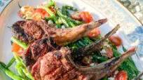 Charcoal-Grilled Lamb Chops over Greek Green Bean Salad Charcoal-Grilled Lamb Chops over Greek Green Bean Salad