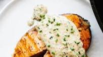 Grilled Salmon Steak with Creamy Mustard Chive Sauce Grilled Salmon Steak with Creamy Mustard Chive Sauce