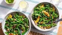 Mediterranean four-bean salad with pan-fried patatas and romesco verde Mediterranean four-bean salad with pan-fried patatas and romesco verde