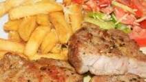 Pork Steak-With Fries, Salads and Garlic Sauce Pork Steak-With Fries, Salads and Garlic Sauce