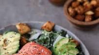 Kale Caesar Salad with Salmon and Everything Bagel Croutons Kale Caesar Salad with Salmon and Everything Bagel Croutons