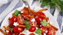 Greek Style Loaded Sweet Potato Fries with Tzatziki and Cherry Tomatoes Greek Style Loaded Sweet Potato Fries with Tzatziki and Cherry Tomatoes