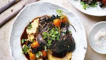 Slow-cooked beef cheeks with beetroot and hummus Slow-cooked beef cheeks with beetroot and hummus