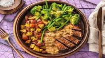 Pan Fried Pork Steak with Creamy Peppercorn Sauce, Roast Potatoes and Veggies. Pan Fried Pork Steak with Creamy Peppercorn Sauce, Roast Potatoes and Veggies.