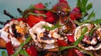 Roasted red pepper and black cherry tomato bruschetta, Pollock style Roasted red pepper and black cherry tomato bruschetta, Pollock style