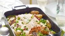 Roast salmon with peas, potatoes & bacon Roast salmon with peas, potatoes & bacon
